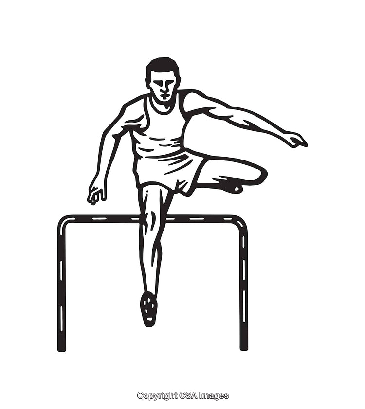 Black and White Line Art Illustration of an Athlete Jumping Over a Hurdle