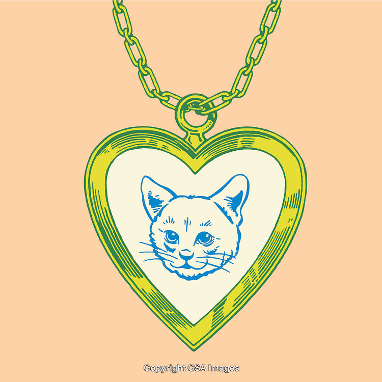 Vintage Heart-Shaped Pendant with Cat Illustration on a Chain