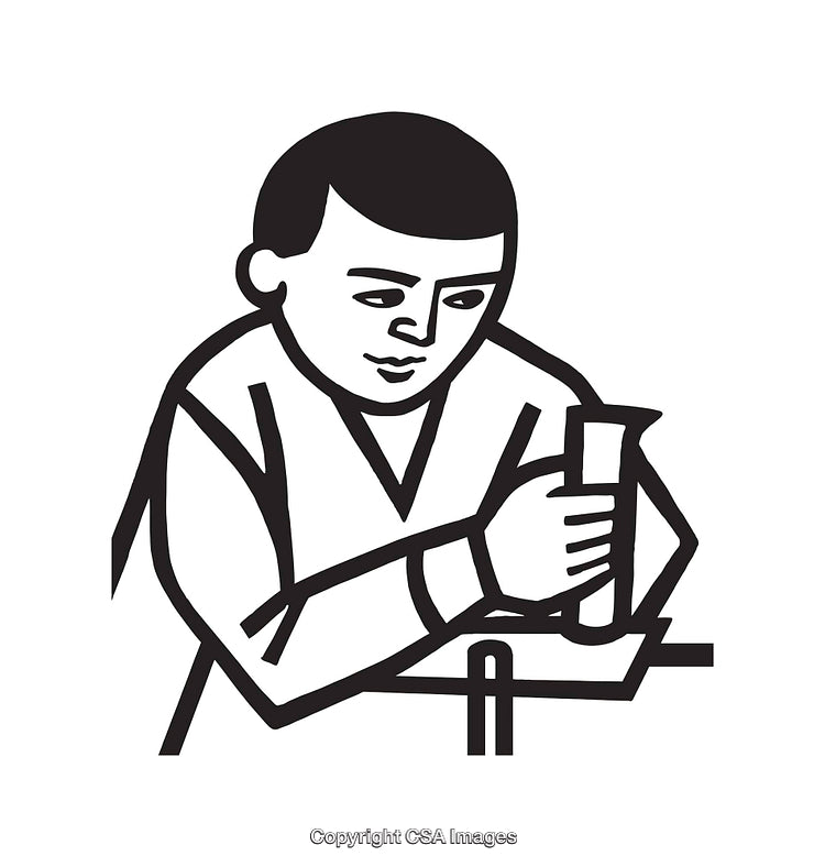 Black and White Line Art of a Person Conducting Science Experiment
