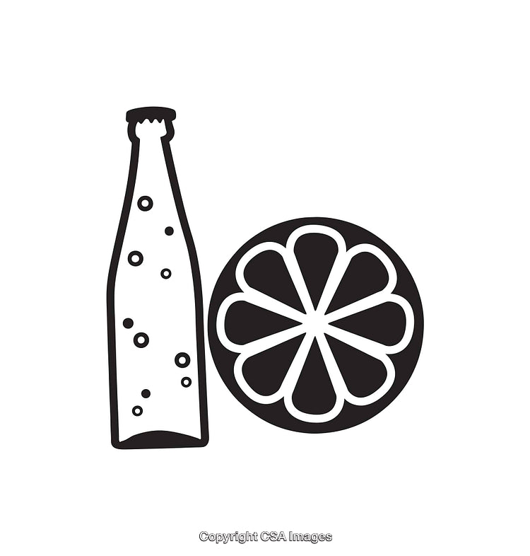 Black and White Icon of Beverage Bottle and Sliced Citrus Fruit