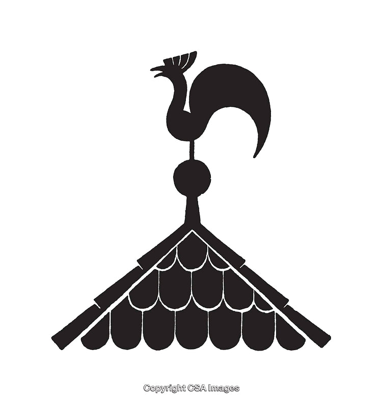 Silhouette of a Rooster Weather Vane on a Classic Roof Design