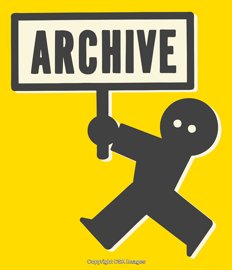 Illustration of Figure Holding Archive Sign on Yellow Background