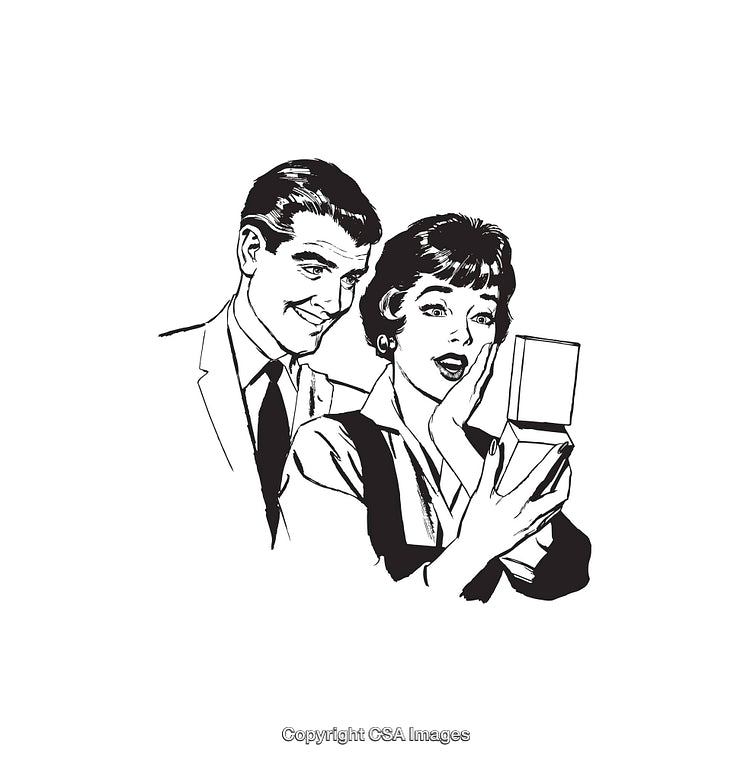 Black And White Line Art Depicting Happy Couple With Open Jewelry Box