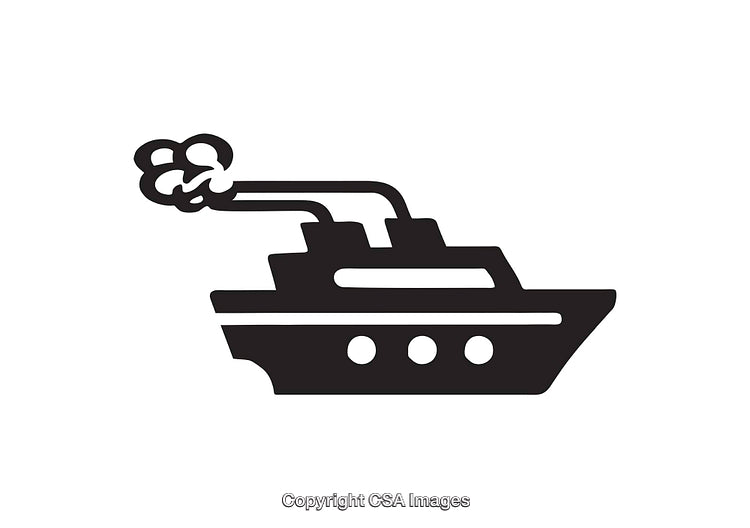 Black and White Line Art of a Ship Icon with Smoke