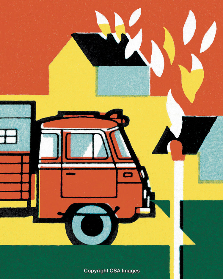 Artistic Depiction of a Firetruck Responding to a Burning Building Scene