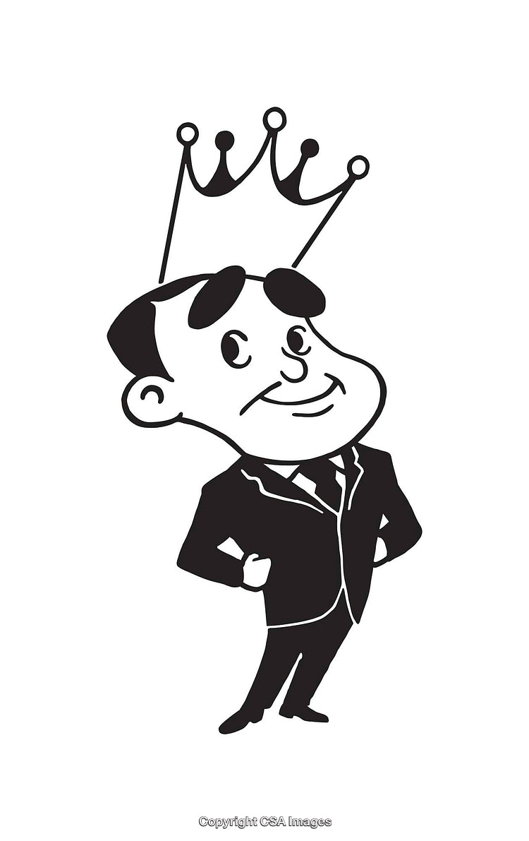 Black and White Cartoon of a Stylish Man Wearing a Decorative Crown