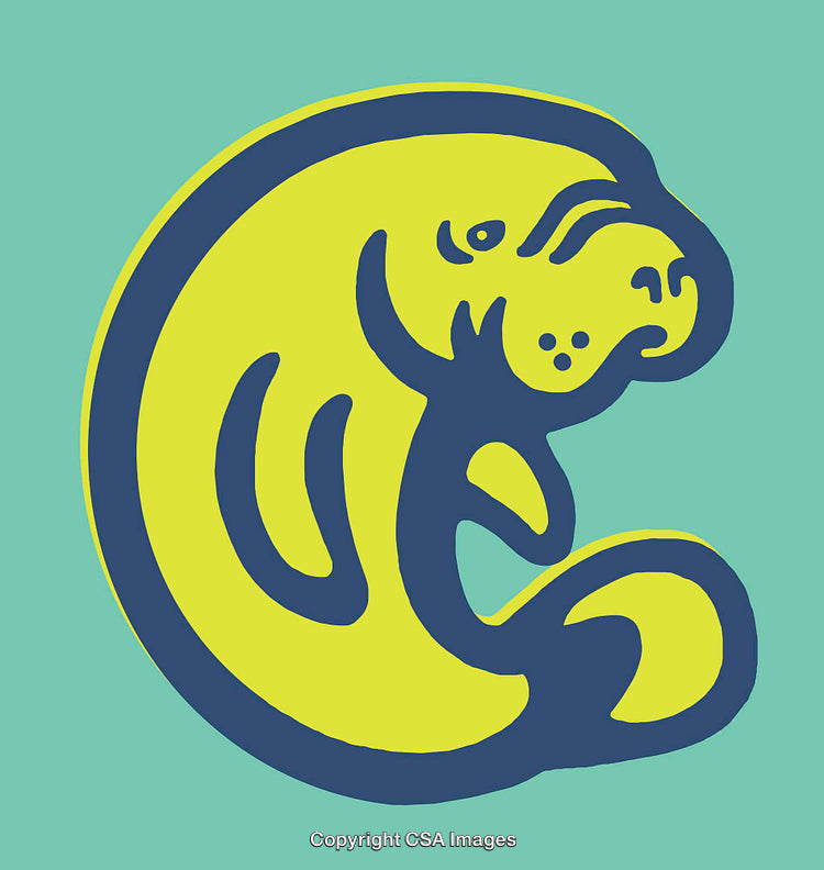 Stylized Yellow and Blue Line Art Illustration of a Manatee on Green