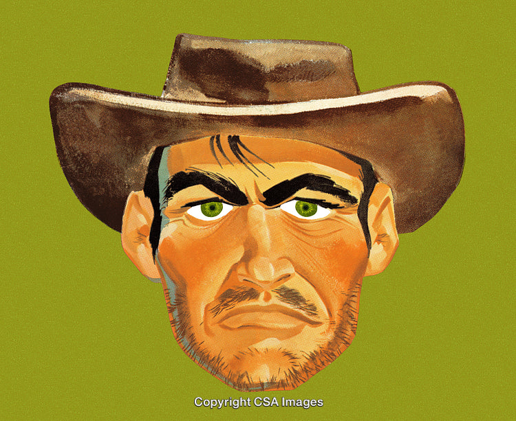 Portrait Illustration of a Rugged Cowboy Face Wearing a Hat on Solid Background