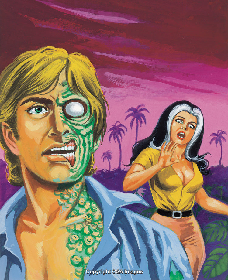 Stylized Horror Artwork Featuring a Monster and Frightened Woman on Tropical Island