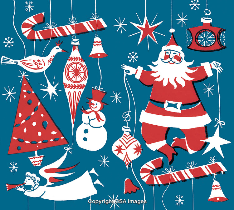 Vintage-Inspired Christmas Illustration Featuring Santa, Snowman, and Festive Ornaments