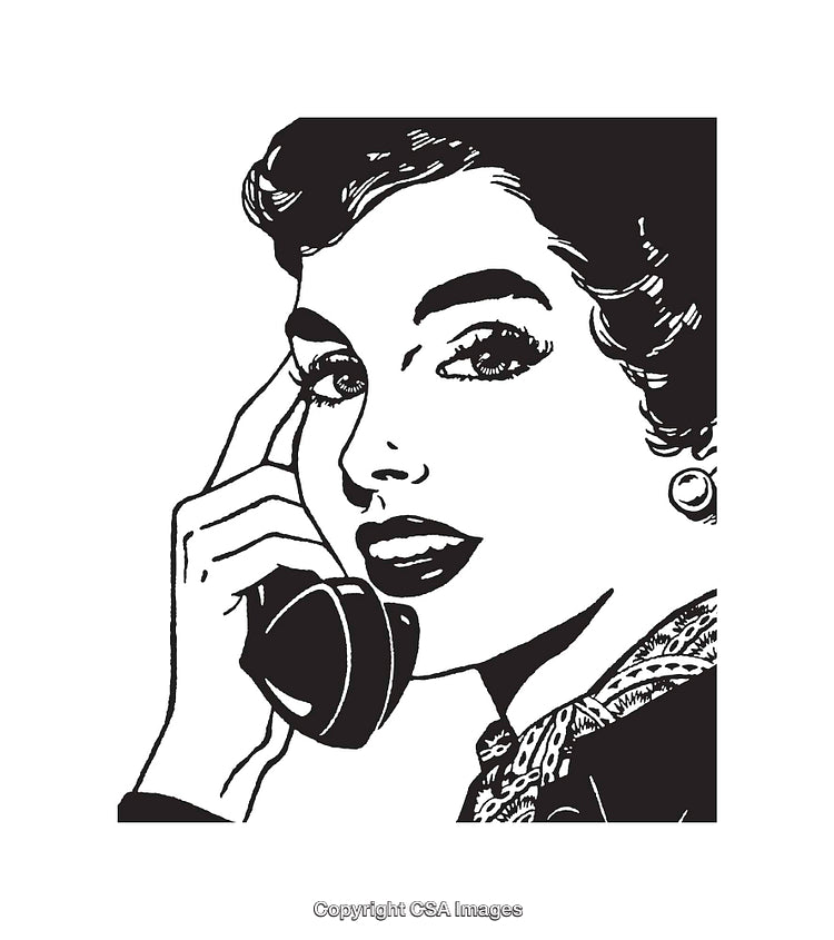 Retro Line Art Illustration of a Woman Talking on a Telephone