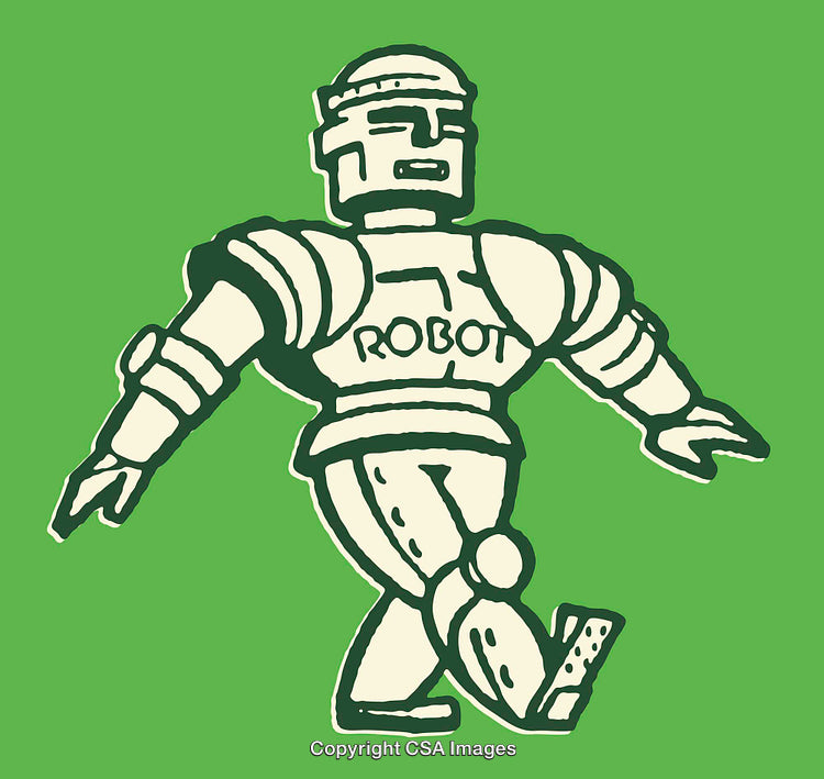 Retro Style Robot Illustration on Green Background in Vintage Line Art