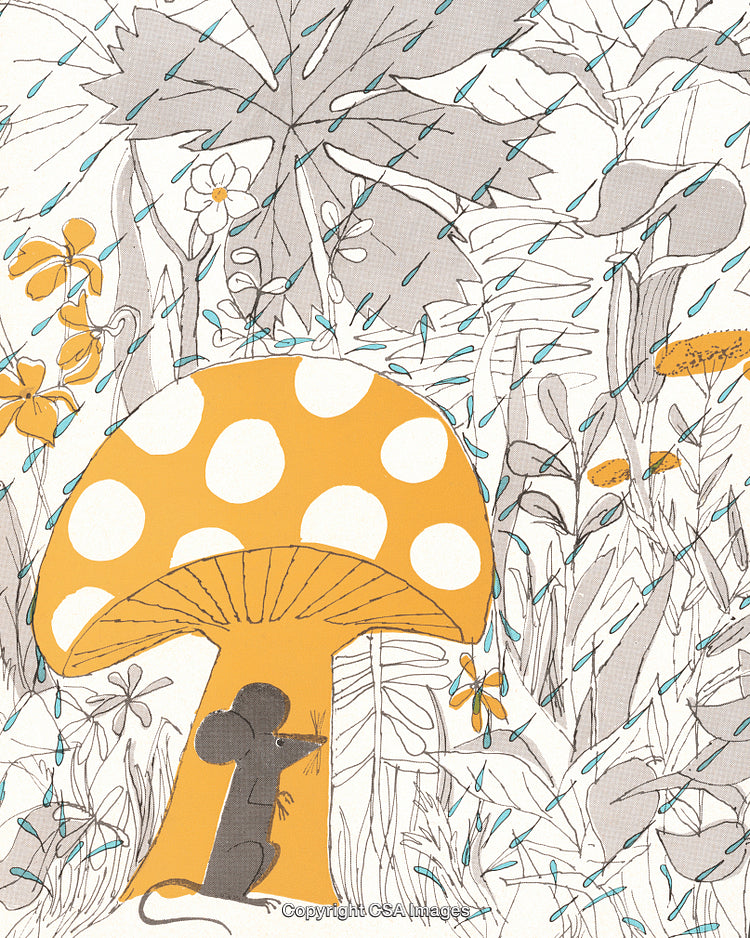 Illustrated Mouse Under Mushroom Shelter in Rainy Forest Scene