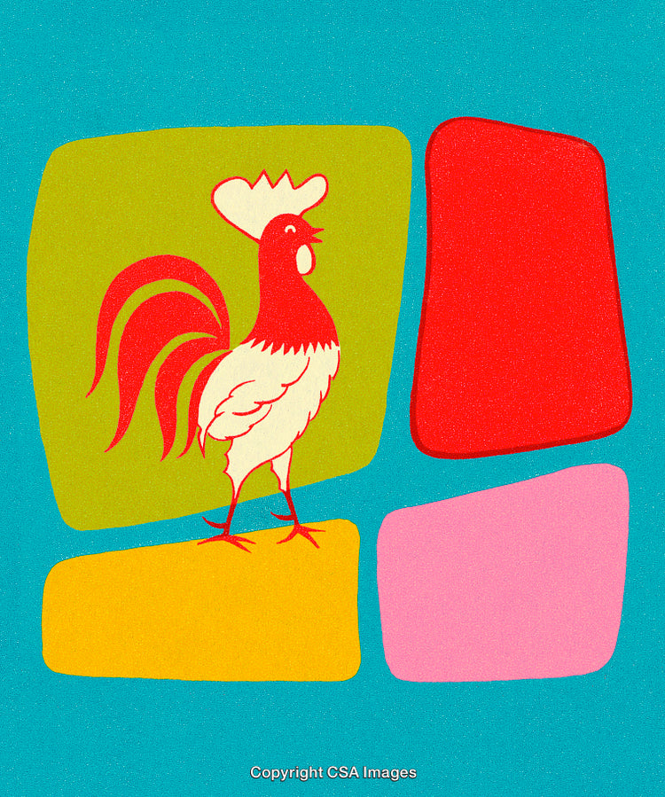 Retro Rooster Illustration Against Colorful Geometric Shapes