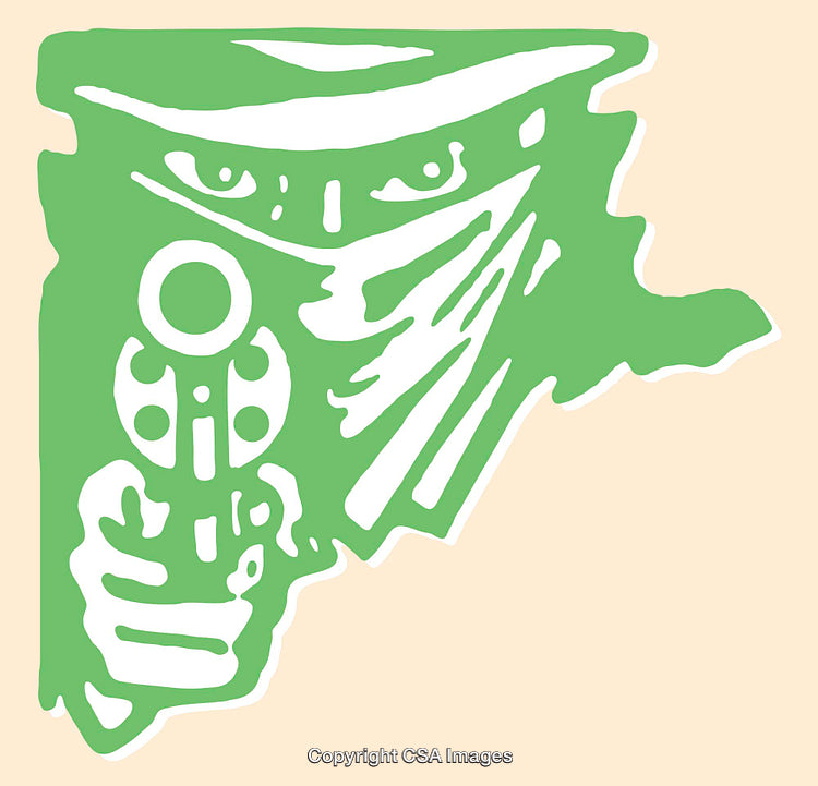 Stylized Green Line Art of Masked Figure Aiming a Gun