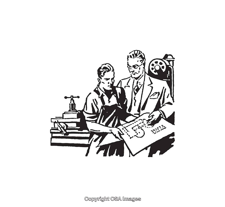 Engineers Collaborating Over Blueprint in Black and White Illustration