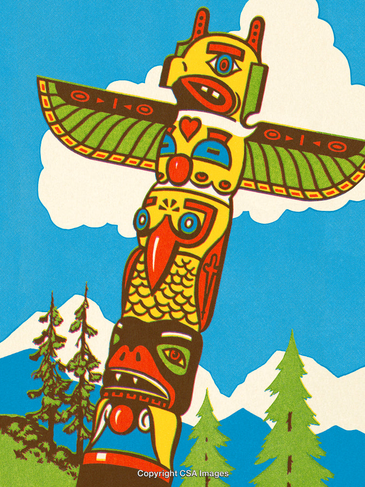 Colorful Totem Pole Illustration Against a Vibrant Mountain Landscape