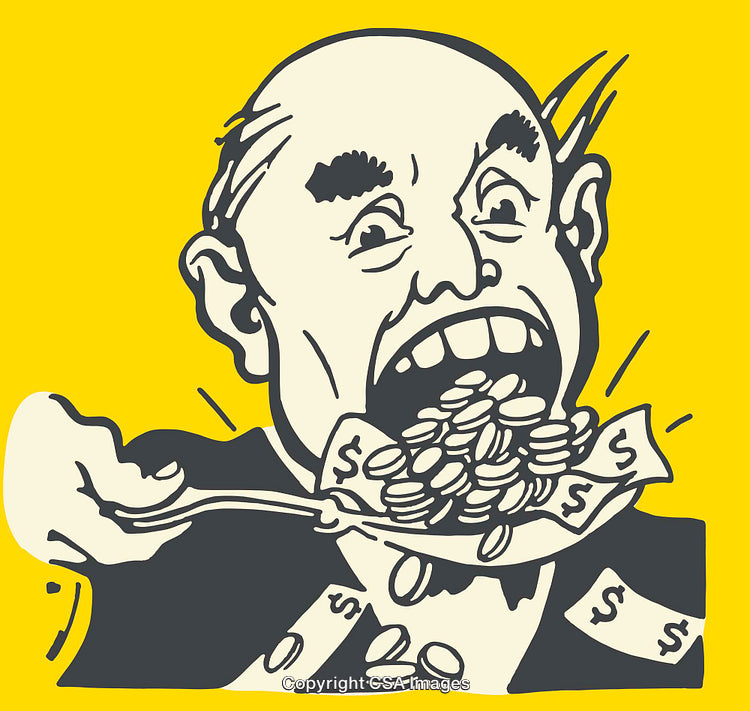 Illustration of Greed Symbolized by Eating Money and Greedy Behavior