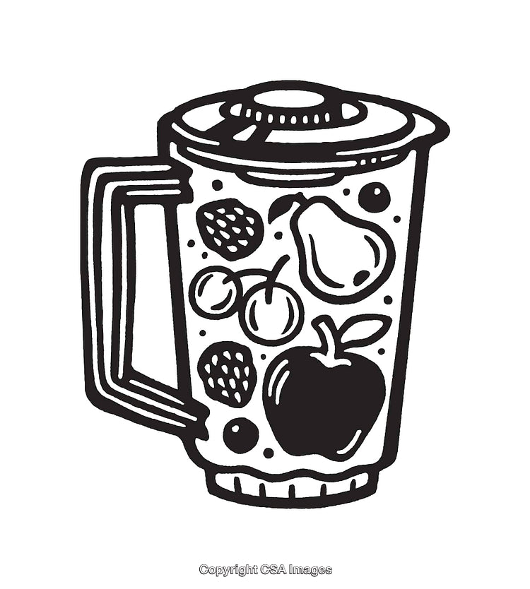 Black and White Line Art Illustration of a Blender With Fruits Inside
