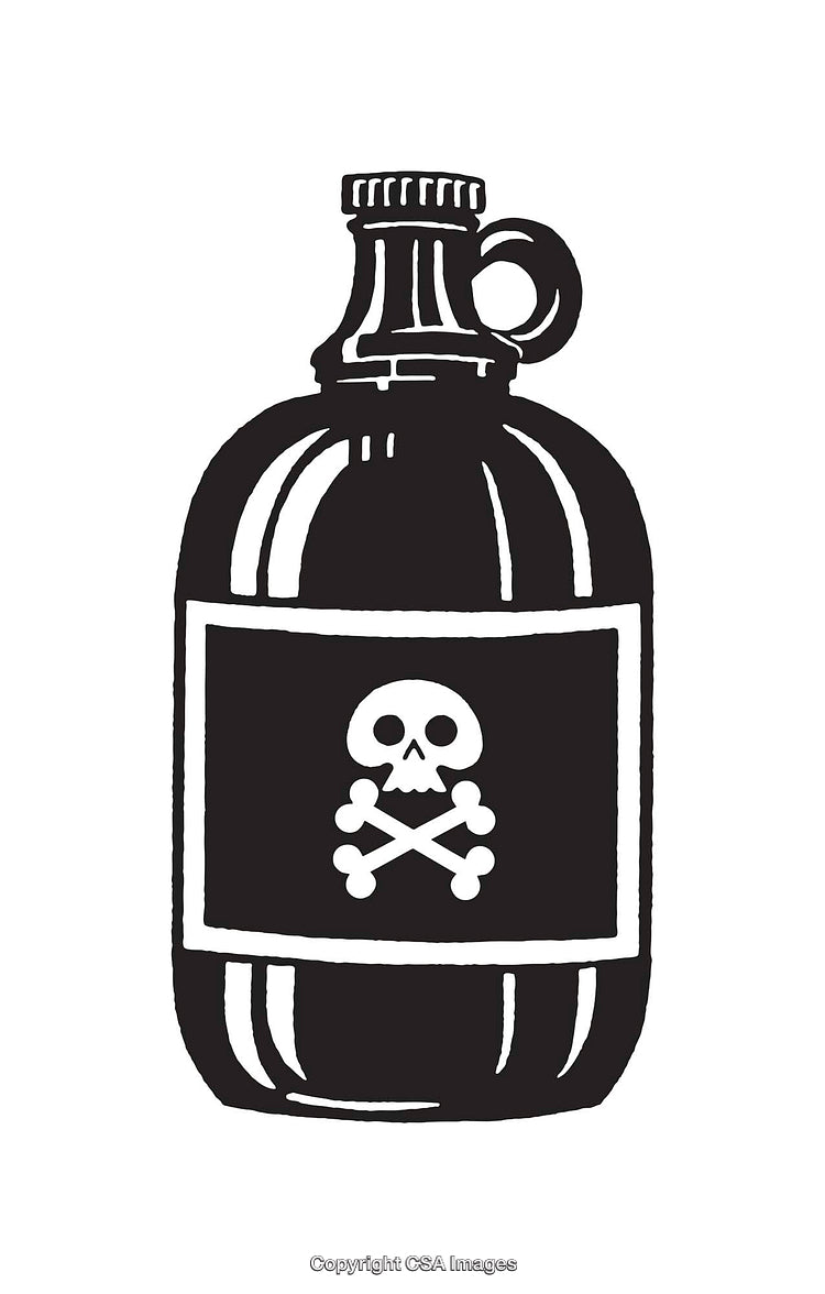 Black and White Line Art of Poison Bottle with Skull Symbol