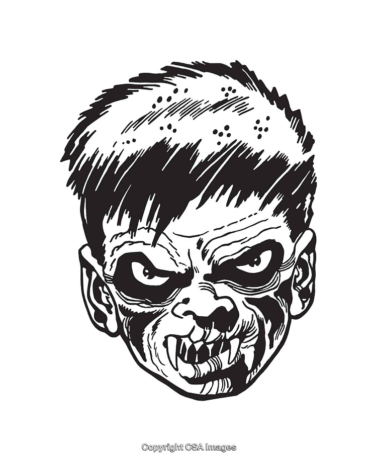 Monochrome Illustration of a Menacing Monster Face with Bold Features