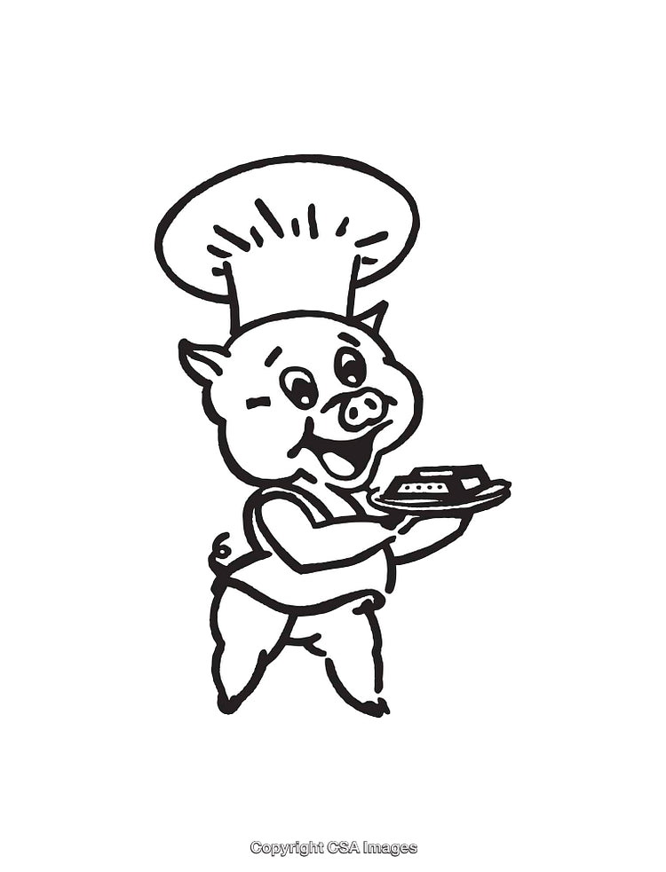 Cute Cartoon Pig Chef Holding a Plate in Black and White Illustration
