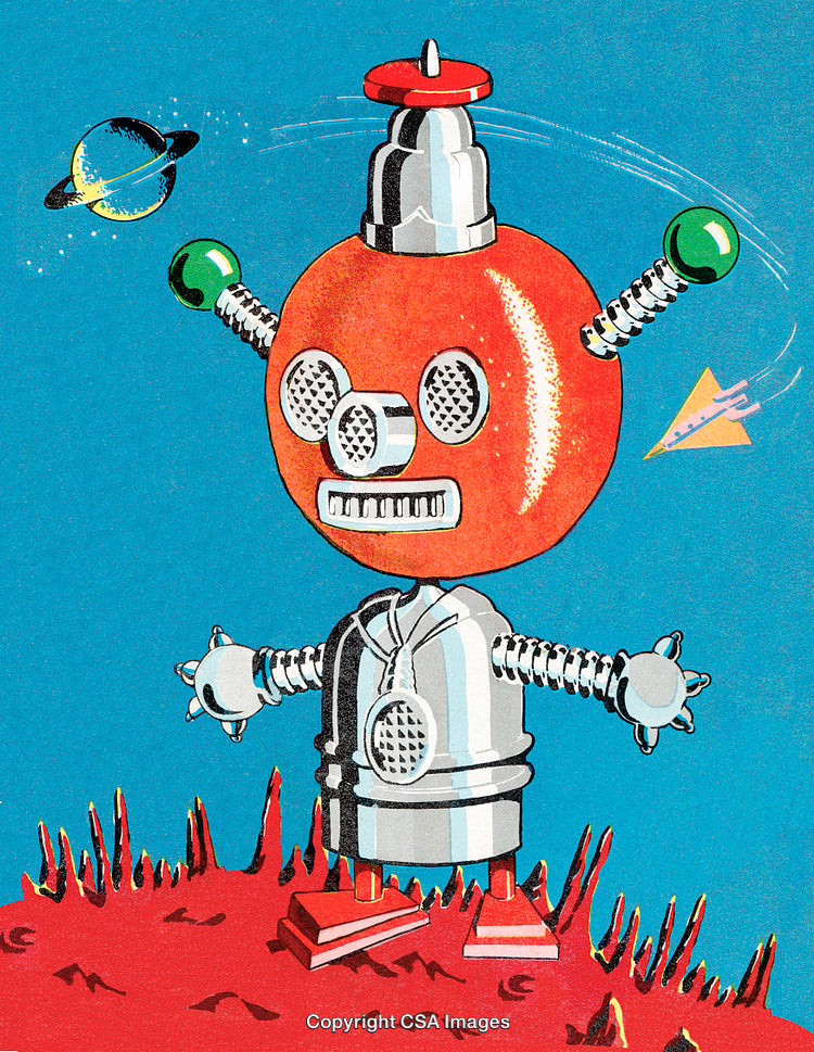 Retro Robot Cartoon Illustration in Futuristic Space Setting
