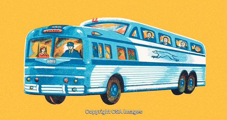 Retro Illustration of Vintage Bus with Passengers and Driver in Nostalgic Style