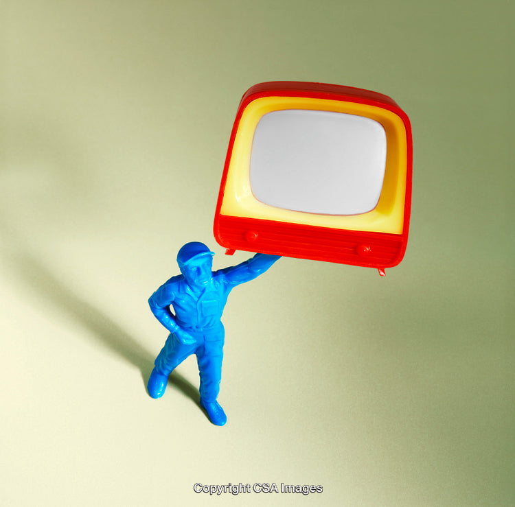 Plastic Soldier Lifting a Retro Television on a Minimal Background