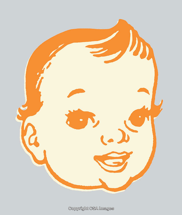 Retro Line Art Illustration of a Smiling Baby's Face in Orange and Cream