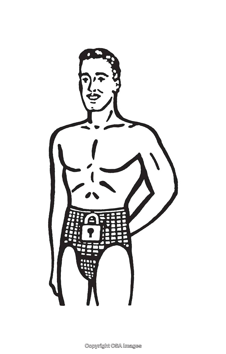 Illustration of a Man Wearing Symbolic Lock-And-Key Attire in Black and White
