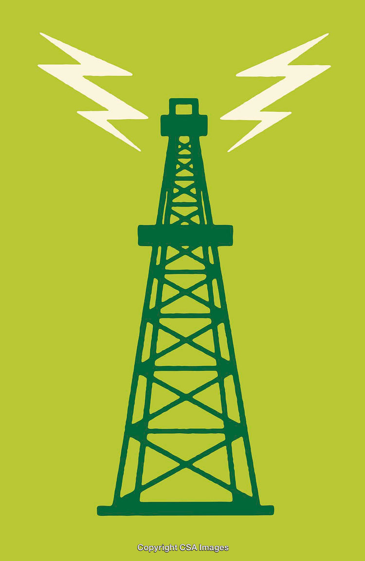Green and Colorful Illustration of a Tower with Lightning Bolts Symbol