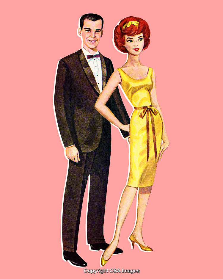 Elegant Formal Couple Posing Together Against Pink Background in Vintage Illustration Style