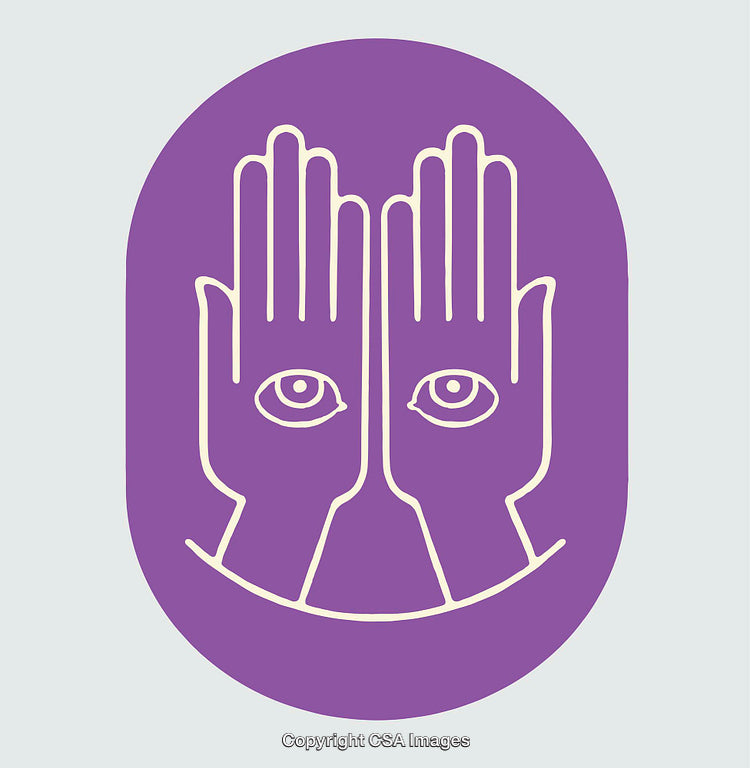 Conceptual Illustration of Two Hands with Eyes in Vibrant Line Art Symbols
