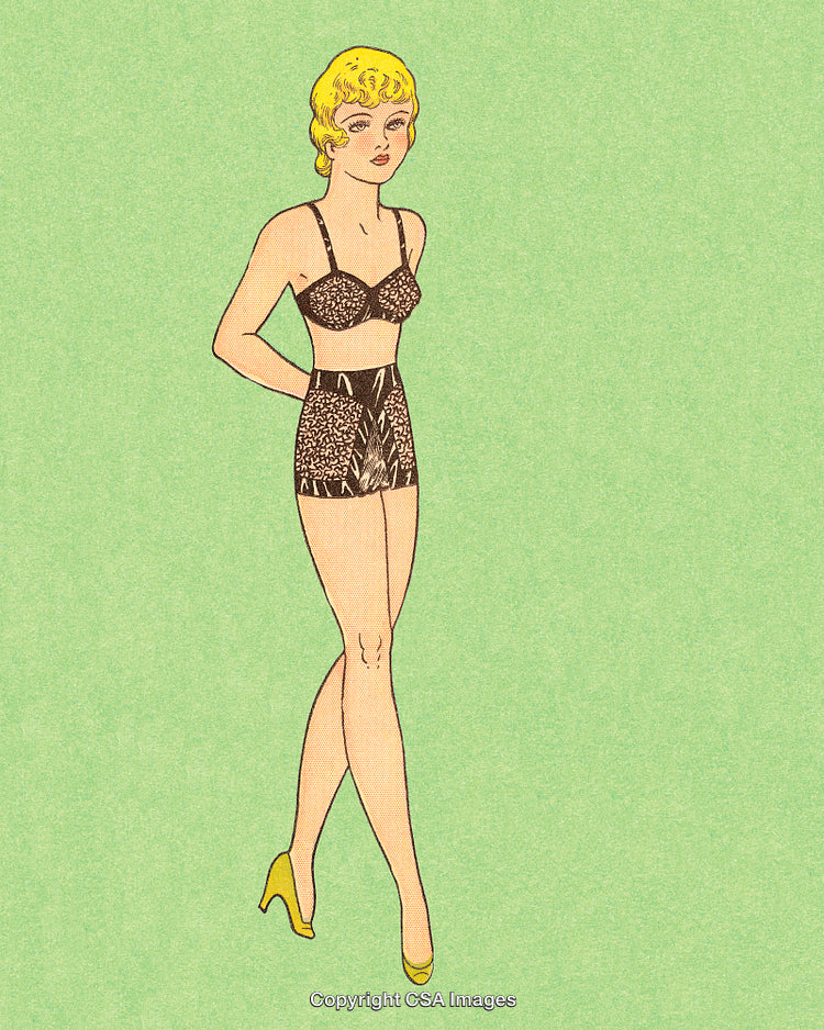Vintage Illustration of a Retro Woman in Stylish Lingerie on Green