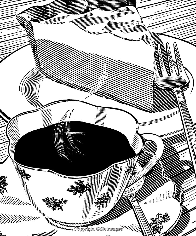 Vintage Engraved Illustration Featuring a Tea Cup and Pie Slice