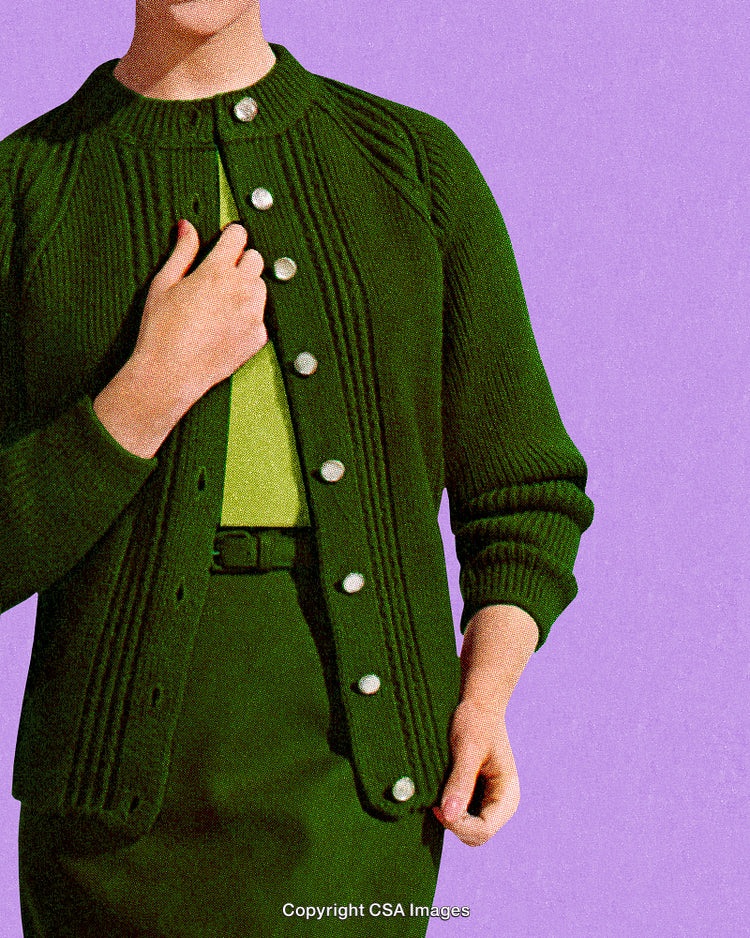 Stylized Green Knit Cardigan and Skirt on Purple Background