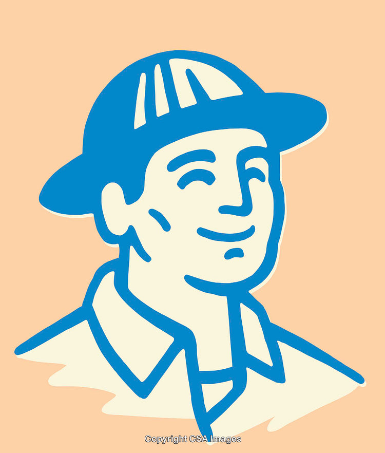 Blue Vintage Worker Illustration on Beige Background in Line Art Style
