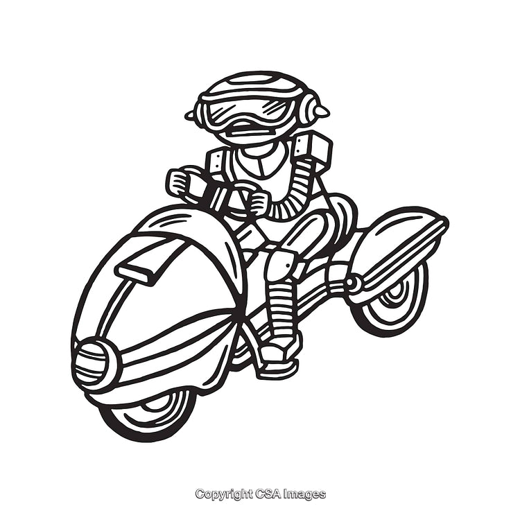 Robot Riding a Futuristic Motorcycle in Black and White Line Art Style
