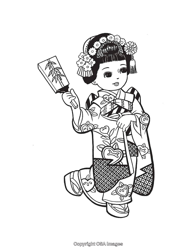 Traditional Japanese Girl in Kimono Line Art Illustration with Flower Details