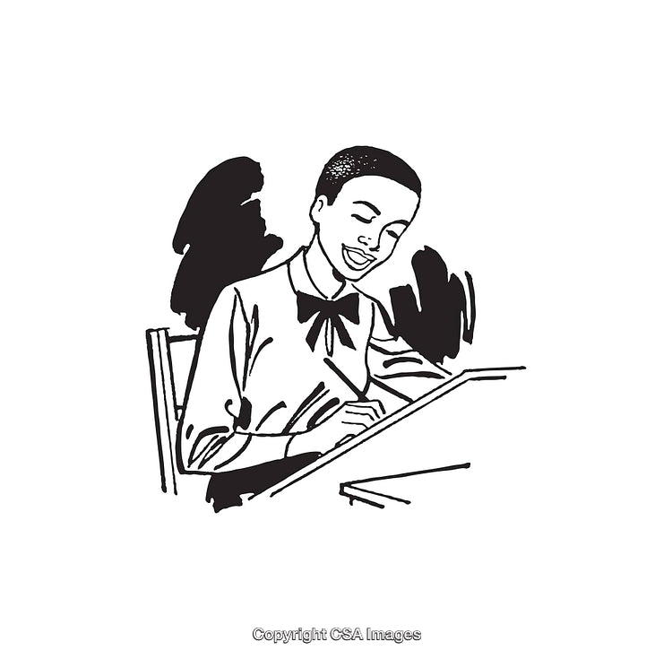 Smiling Person Sketch Writing at a Desk in Line Art Illustration