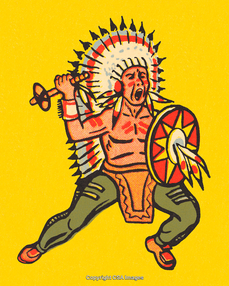 Illustration of a Warrior in Traditional Decor with Shield and Battle Pose