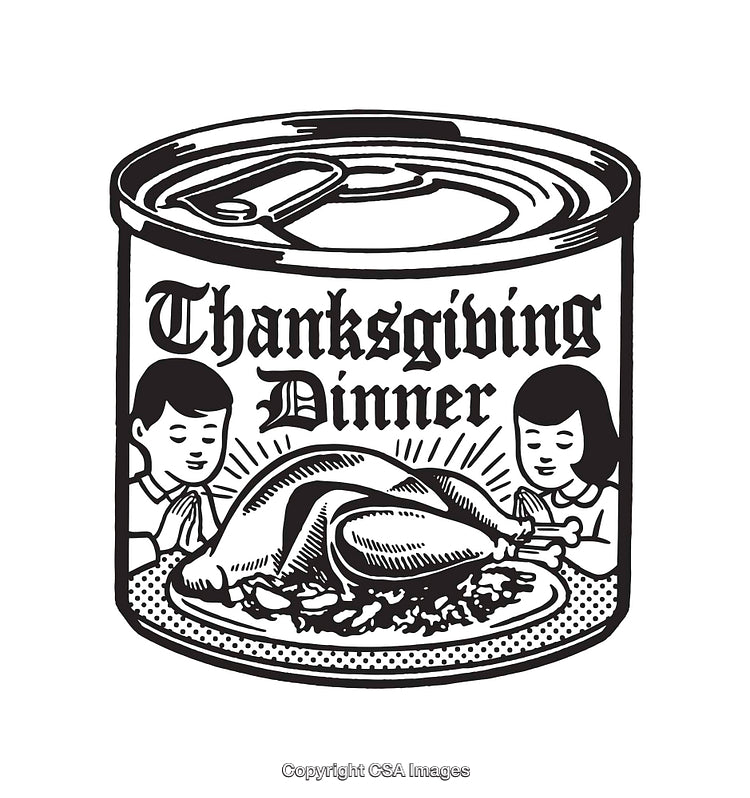 Vintage Thanksgiving Dinner Can Illustration Featuring a Turkey and Family