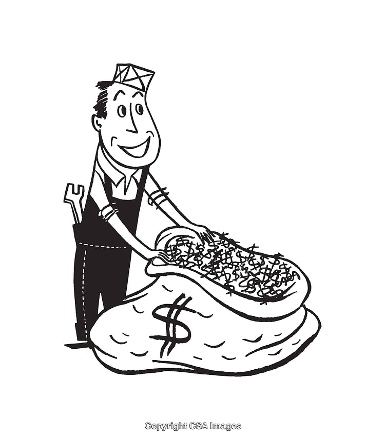 Cartoon Worker With Bag of Money and Hand Tool