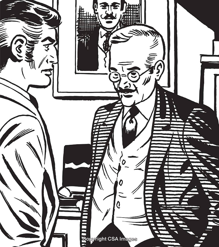 Retro Illustration of Two Men Conversing in a Vintage Office Setting