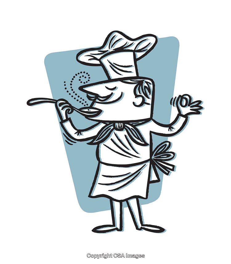 Retro Cartoon Chef Tasting Food with Satisfaction in Black and White