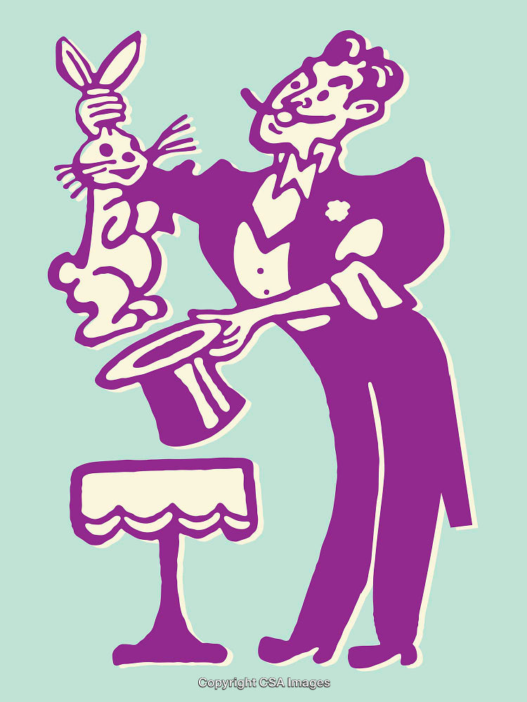Magician Performing Tricks with Rabbit and Hat in Vintage Line Art Style