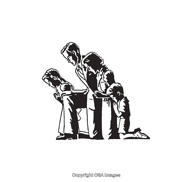 Silhouette of a Kneeling Family Engaged in Prayer Together