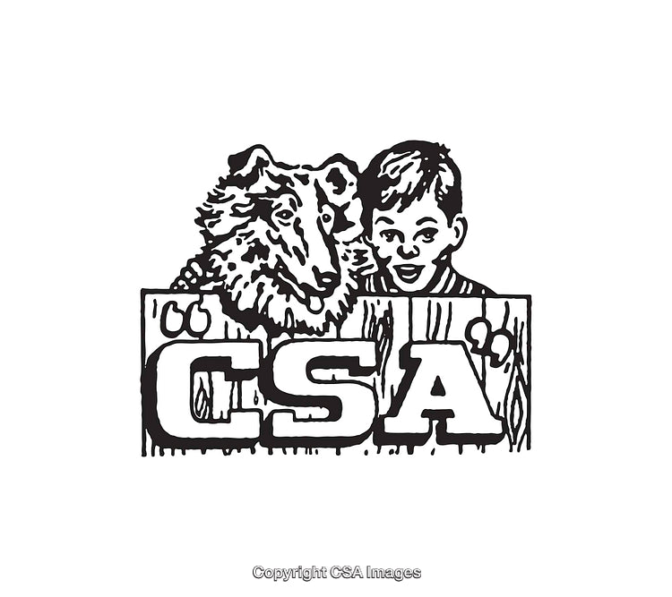 Vintage Illustration of Boy, Collie Dog, and CSA Logo Design