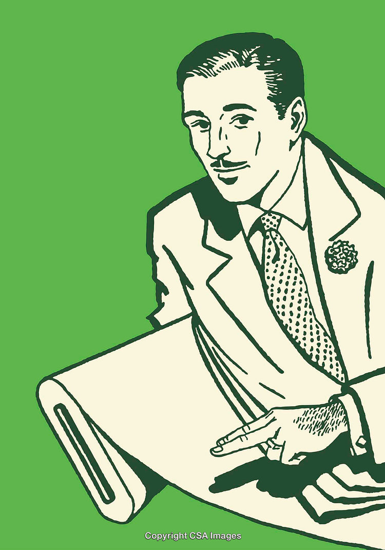Vintage Line Art of Stylish Man in Suit with Newspaper